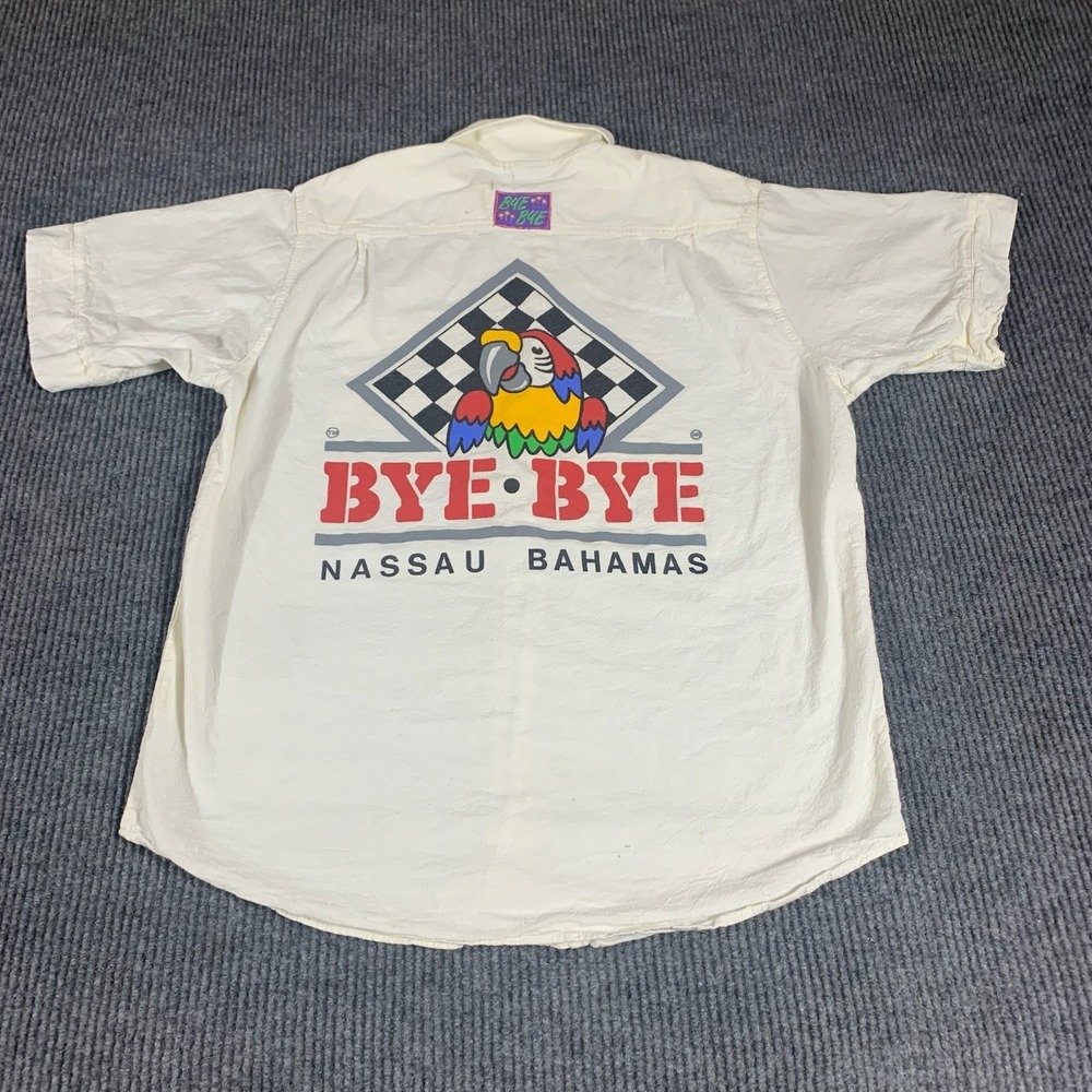 Bye Bye Shirt Mens Extra Large 4 White Button Up Short Sleeve Parrot Bahamas 90s